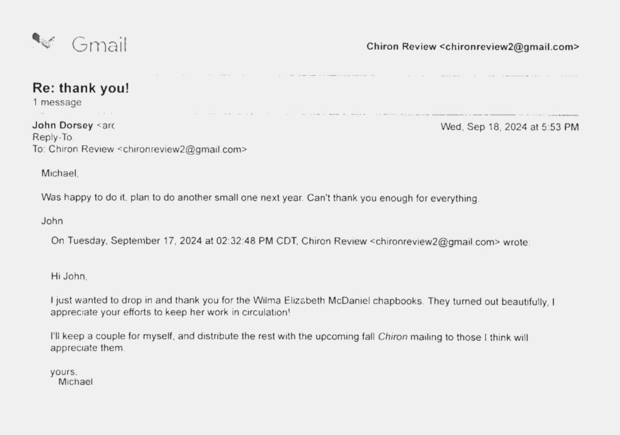 E-mail exchange between John Dorsey and Michael Hathaway about the chapbooks